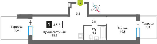 1-комнатная квартира 38.9 м² Никольский квартал Отрада
