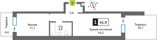 1-комнатная квартира 41.9 м² Никольский квартал Отрада
