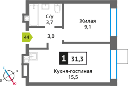 1-комнатная квартира 31.3 м² Никольский квартал Отрада