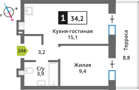 1-комнатная квартира 34.2 м² Никольский квартал Отрада