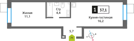 1-комнатная квартира 37.1 м² Никольский квартал Отрада