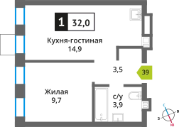 1-комнатная квартира 32 м² Никольский квартал Отрада