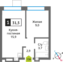 1-комнатная квартира 31.5 м² Никольский квартал Отрада