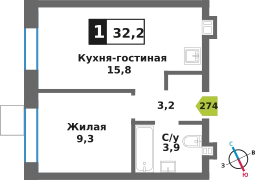 1-комнатная квартира 32.2 м² Никольский квартал Отрада
