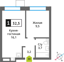 1-комнатная квартира 32.4 м² Никольский квартал Отрада