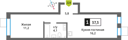 1-комнатная квартира 37.3 м² Никольский квартал Отрада