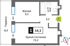 1-комнатная квартира 34.3 м² Никольский квартал Отрада