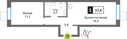 1-комнатная квартира 37.4 м² Никольский квартал Отрада
