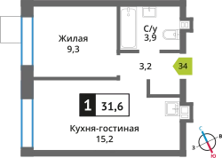 1-комнатная квартира 31.6 м² Никольский квартал Отрада