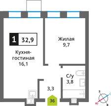 1-комнатная квартира 32.7 м² Никольский квартал Отрада