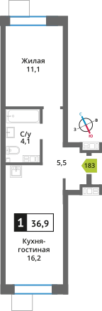 1-комнатная квартира 36.9 м² Никольский квартал Отрада