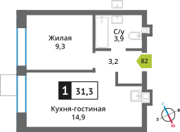 1-комнатная квартира 31.3 м² Никольский квартал Отрада