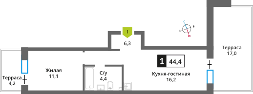 1-комнатная квартира 44.4 м² Никольский квартал Отрада