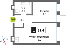 1-комнатная квартира 31.4 м² Никольский квартал Отрада