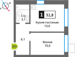 1-комнатная квартира 32.8 м² Никольский квартал Отрада