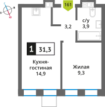 1-комнатная квартира 31.3 м² Никольский квартал Отрада