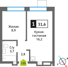 1-комнатная квартира 31.6 м² Никольский квартал Отрада