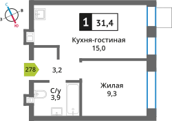 1-комнатная квартира 31.4 м² Никольский квартал Отрада
