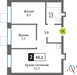 2-комнатная квартира 45.1 м² Никольский квартал Отрада