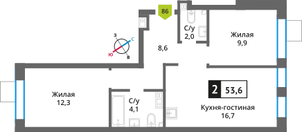 2-комнатная квартира 53.6 м² Никольский квартал Отрада