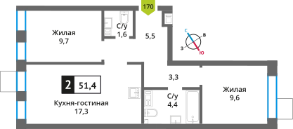 2-комнатная квартира 51.4 м² Никольский квартал Отрада