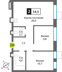 2-комнатная квартира 54.5 м² Никольский квартал Отрада