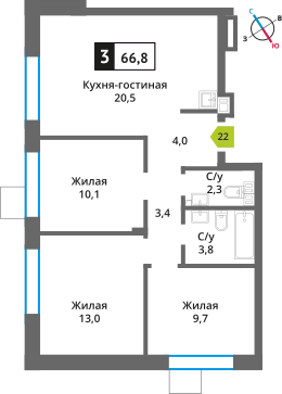 3-комнатная квартира 66.8 м² Никольский квартал Отрада