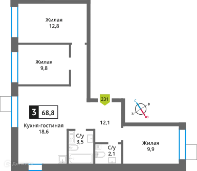 3-комнатная квартира 68.8 м² Никольский квартал Отрада