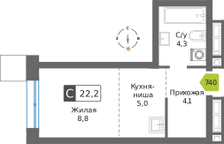 Студия 22.2 м² Сити квартал Отрада