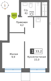 1-комнатная квартира 33.2 м² Сити квартал Отрада