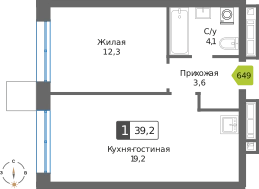 1-комнатная квартира 39.2 м² Сити квартал Отрада