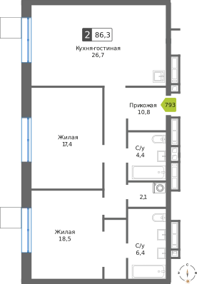 2-комнатная квартира 86.3 м² Сити квартал Отрада