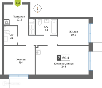 2-комнатная квартира 60.4 м² Сити квартал Отрада