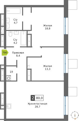 2-комнатная квартира 80 м² Сити квартал Отрада