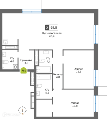 2-комнатная квартира 99.8 м² Сити квартал Отрада