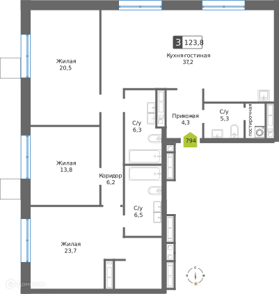 3-комнатная квартира 123.8 м² Сити квартал Отрада