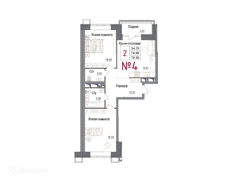 2-комнатная квартира 78.1 м² АРТ