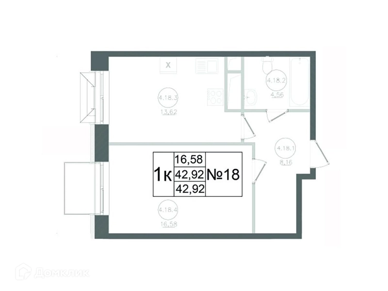 1-комнатная квартира 42.92 м² Авиатор-2