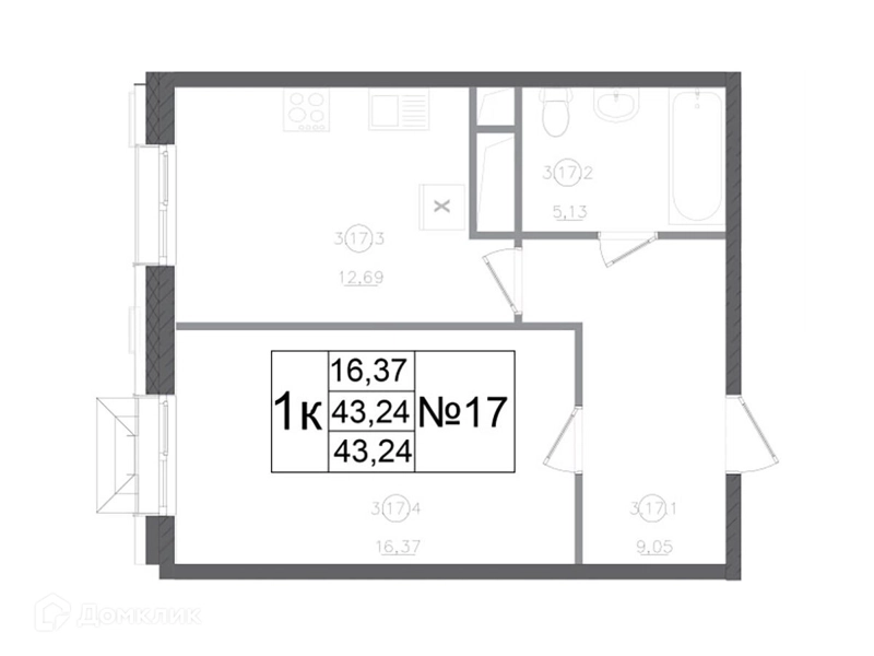 1-комнатная квартира 43.24 м² Авиатор-2
