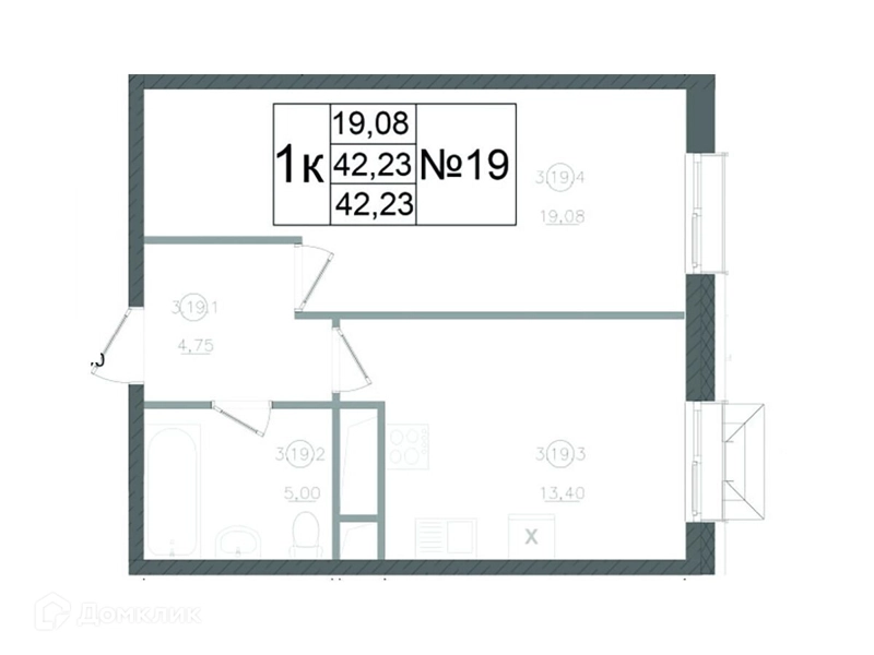 1-комнатная квартира 42.23 м² Авиатор-2