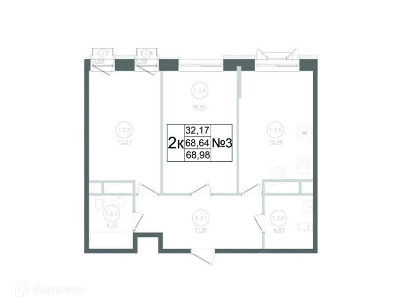 2-комнатная квартира 68.98 м² Авиатор-2