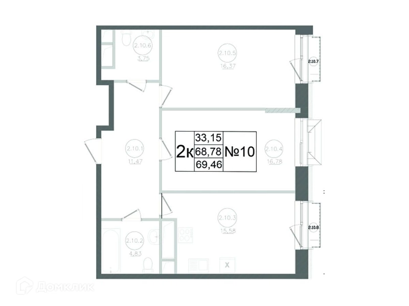 2-комнатная квартира 69.46 м² Авиатор-2