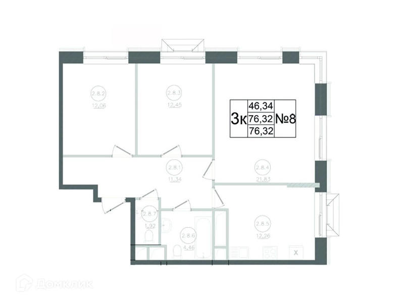 3-комнатная квартира 76.32 м² Авиатор-2
