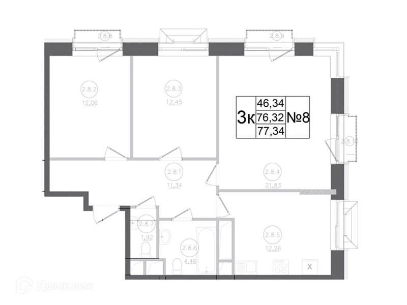 3-комнатная квартира 77.34 м² Авиатор-2