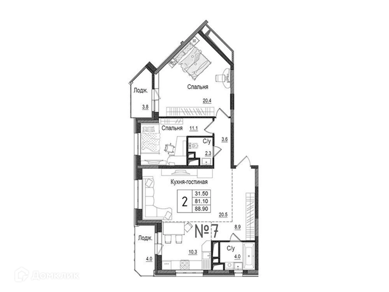 2-комнатная квартира 90.2 м² Школьный