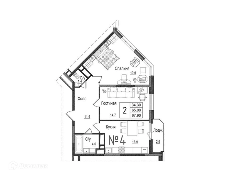 2-комнатная квартира 68.7 м² Школьный