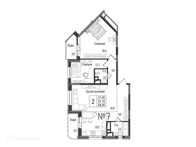 2-комнатная квартира 90.1 м² Школьный