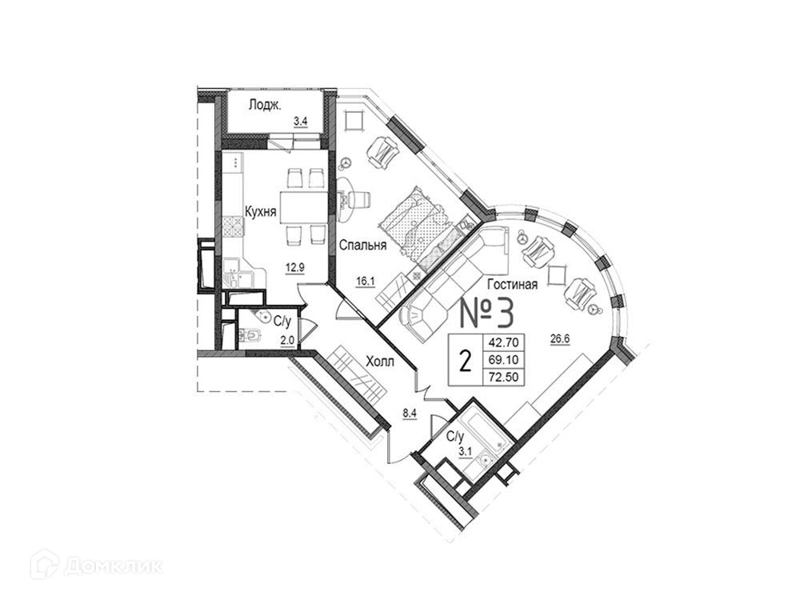 2-комнатная квартира 73.3 м² Школьный
