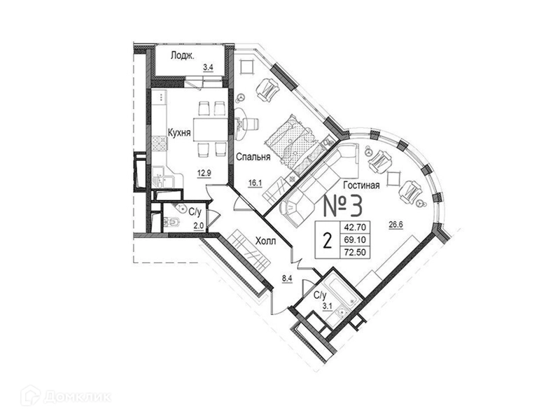 2-комнатная квартира 73.1 м² Школьный