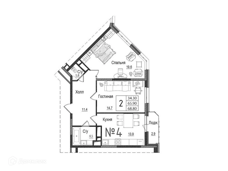 2-комнатная квартира 68.8 м² Школьный
